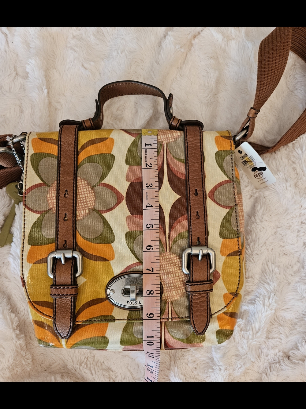Fossil☆Key-Per☆Retro Floral Canvas Crossbody Bag in Brown and Mustard - Picture 9 of 13